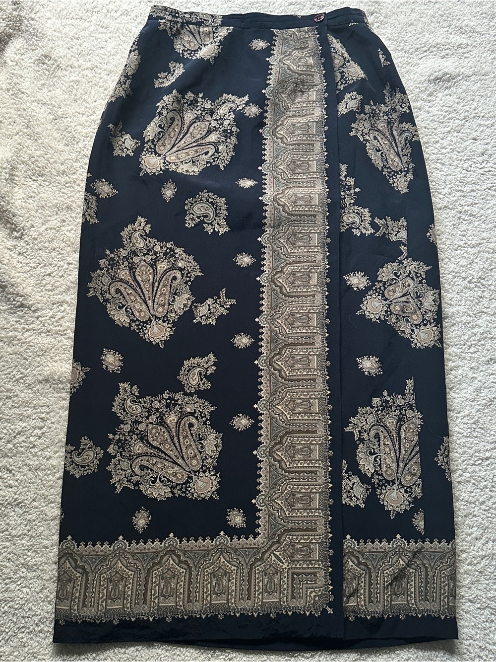 100% Pure Silk Royal Navy Maxi Skirt with Beige Paisley Talbots